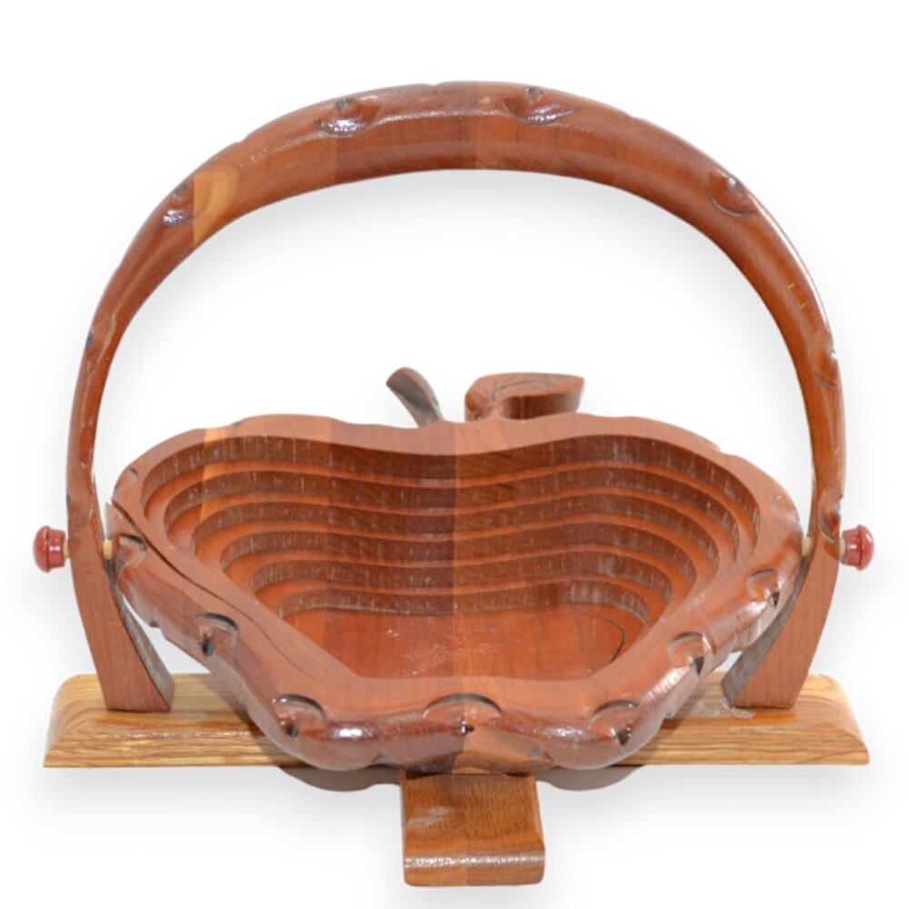 Antique Hand Carved Amish Folk Stained Wood Wooden Collapsible Apple Basket